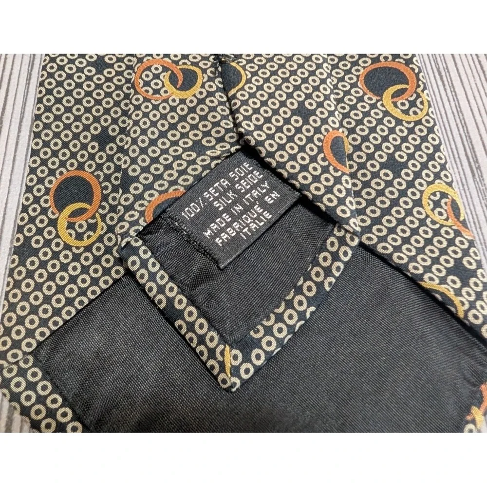 Emporio Armani 100% Silk Tie Made in Italy Geometric Circle Pattern Black Gold